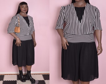 80s Black and White Striped Dress/ US 20/ 1980s