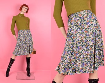 70s Floral Print Skirt/ Small/ 1970s