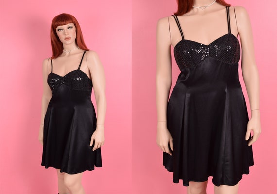 90s Faux Sequin Trim Dress/ US 12/ 1990s/ Tank/ S… - image 1