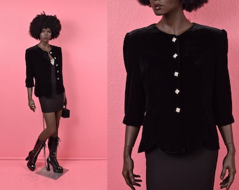 Vintage 90s Black Velvet Jacket/ US 10P/ 1990s