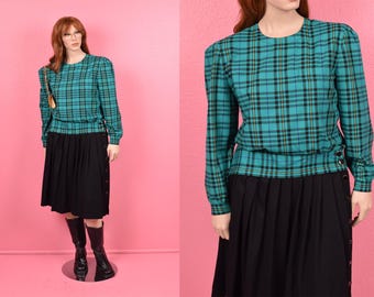 Vestido vintage de cuadros y negro de los años 80/ EE. UU. 12/ Década de 1980