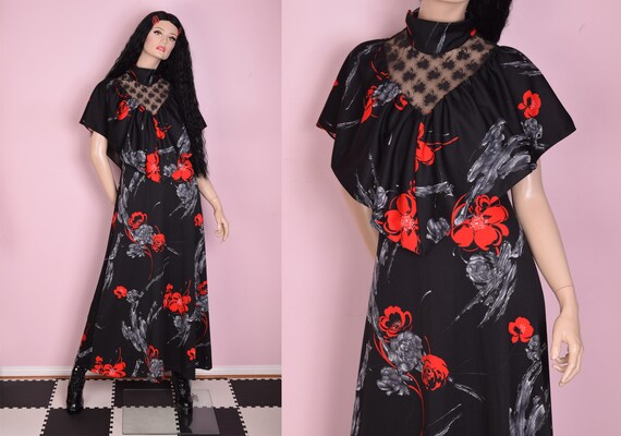 70s Floral Print Capelet Maxi Dress/ Large/ 1970s