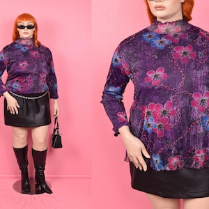Vintage 00s Floral Print Mesh Shirt/ XL/ 2000s/ Long Sleeve