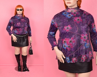 Vintage 00s Floral Print Mesh Shirt/ XL/ 2000s/ Long Sleeve