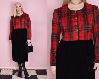 90s Plaid and Black Velvet Maxi Dress/ US 12/ 1990s/ Long Sleeve