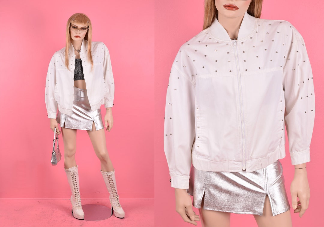 Vintage 90s White Studded Twill Bomber Jacket/ Small/ 1990s