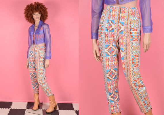 Vintage 80s Multi Pattern High Waisted Pants/ Med… - image 1