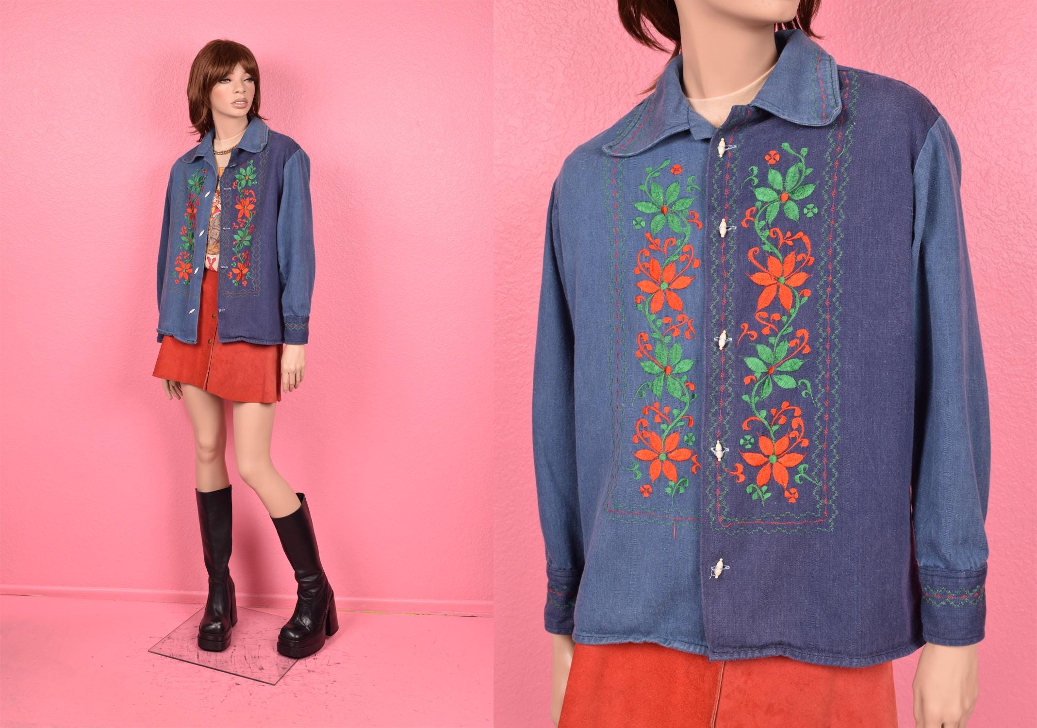 ヴィンテージ 70年代 花柄刺繍ジャケット / 男女兼用 M～Lサイズ 