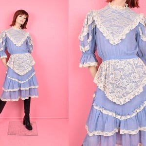 Vintage 70s Floral Lace Trim Tiered Dress/ Large/ 1970s