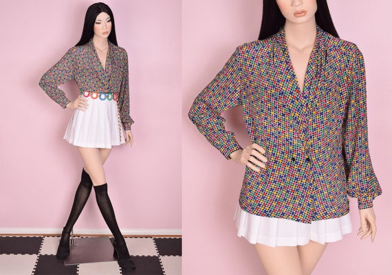 80s Colorful Printed Blouse/ US 8/ 1980s/ Long Sle