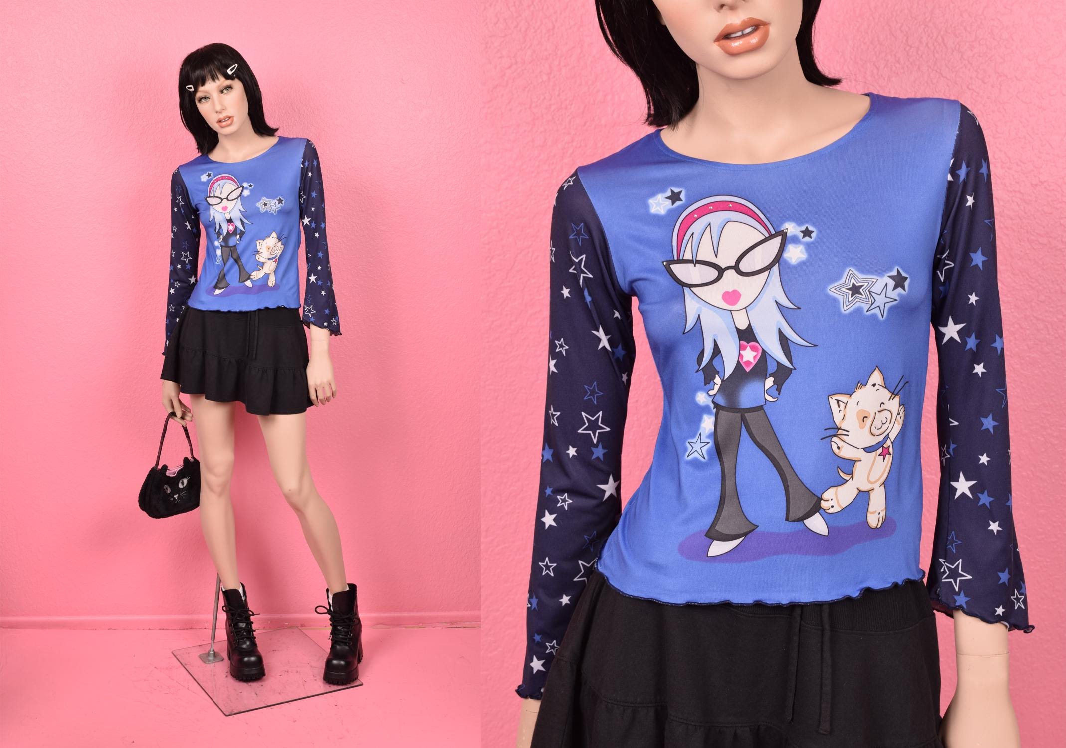 Vintage 90s 00s Star Girl Kitty Graphic Top/ Xs-small/ 1990s