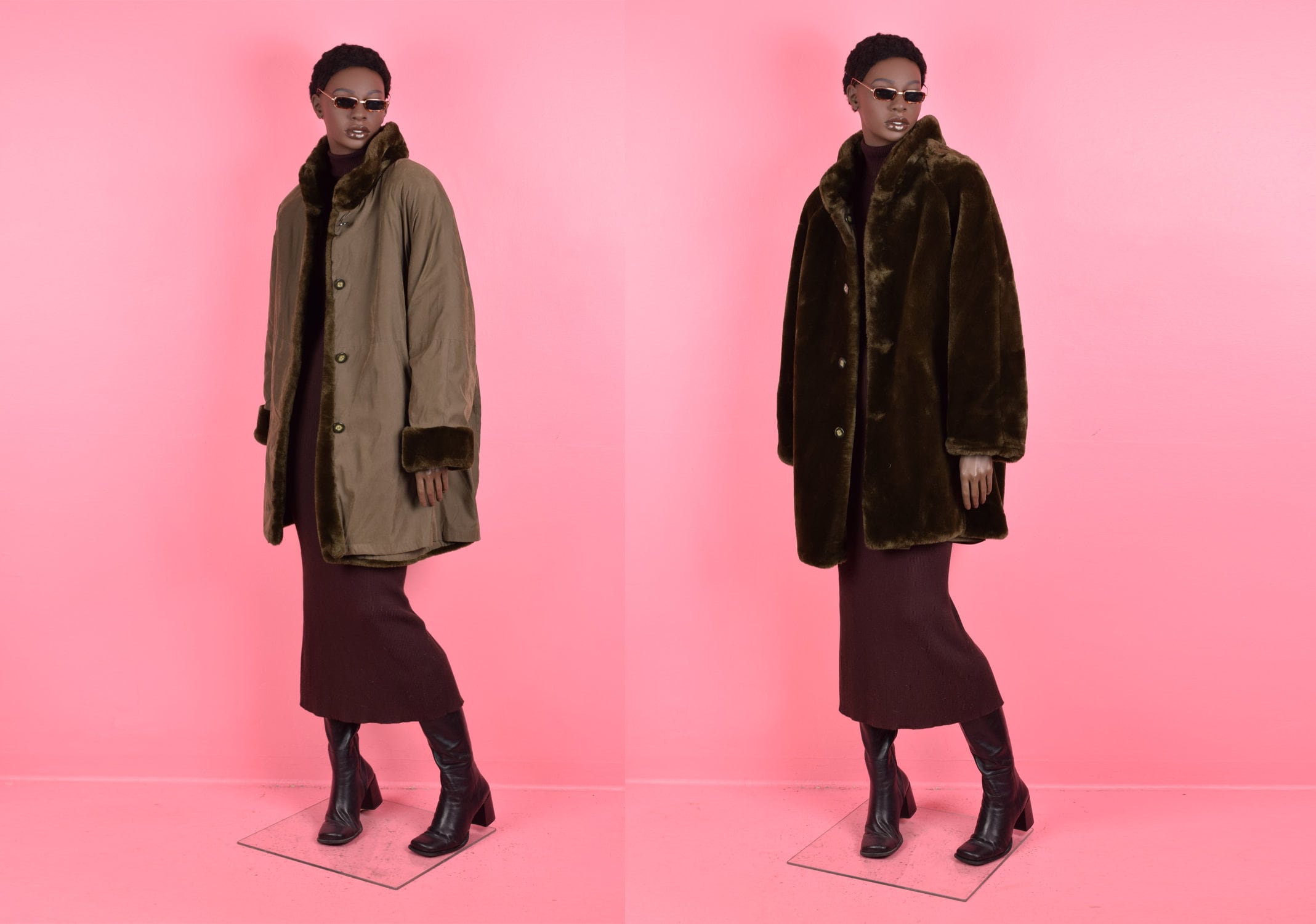 Vintage 90s Olive Faux Fur Reversible Coat/ XL/ 1990s/ Jacket
