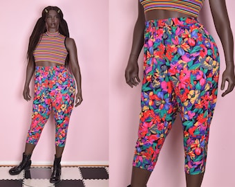 80s Floral Print High Waisted Pants/ Large/ 1980s