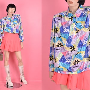 Vintage 80s Floral Print Blouse/ XXL/ 1980s/ Long Sleeve