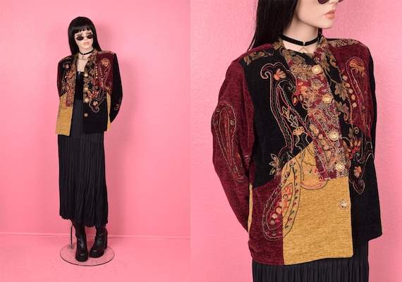 Vintage 90s Embroidered Patchwork Jacket/ Medium/… - image 1