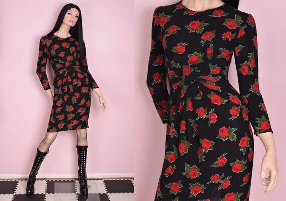 80s Rose Print Long Sleeve Dress/ Small/ 1980s