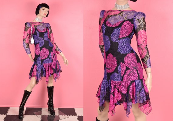 80s Floral Lace Dress/ Small/ 1980s/ Long Sleeve - image 1