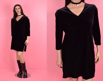 90s Black Velvet Dress/ Large/ 1990s