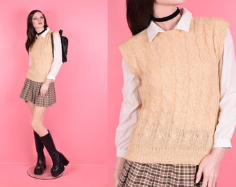 Vintage 80s Cable Knit Sweater Vest/ Large/ 1980s