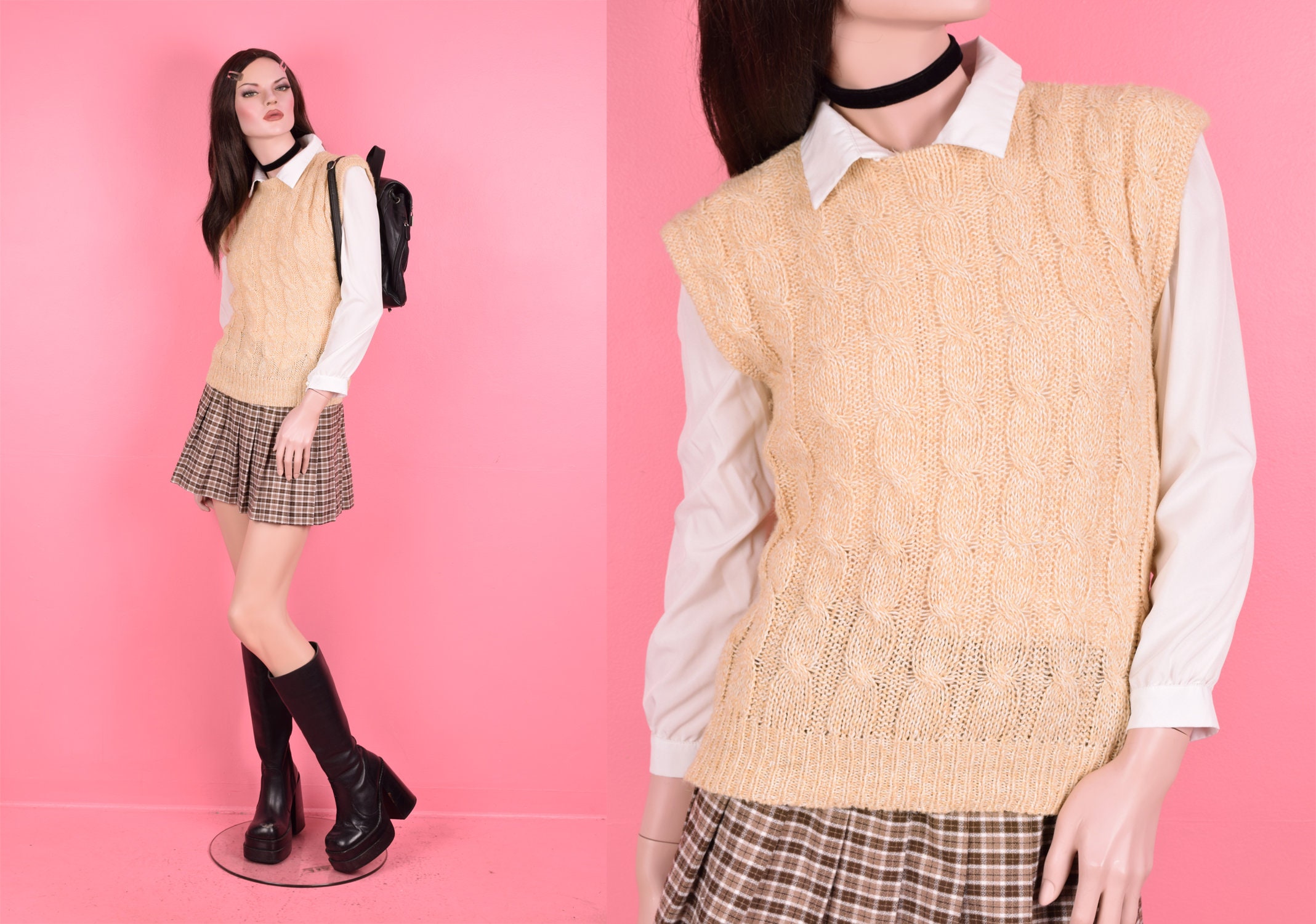 古着 ビンテージ 80s 単色 ピンク ニット ベスト セーター ビスチェ 美品 ヴィンテージ 80 年代 ケーブルニット セーターベスト/L/1980 年代