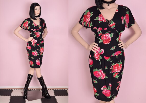 80s Floral Print Dress/ Medium/ 1980s