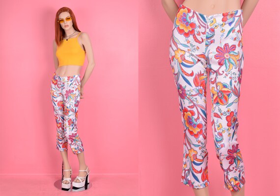 90s Floral Print Mid Rise Pants/ Small/ 1990s - image 1