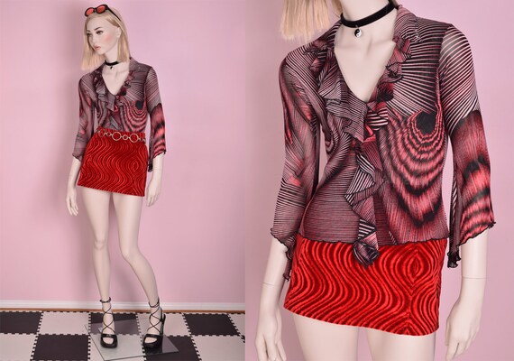 90s Funky Pattern Flounce Mesh Top/ Small/ 1990s