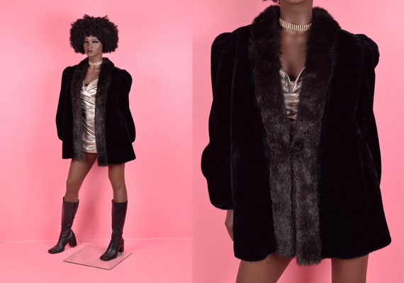 80s Black and Dark Brown Faux Fur Jacket/ US 12/ … - image 1