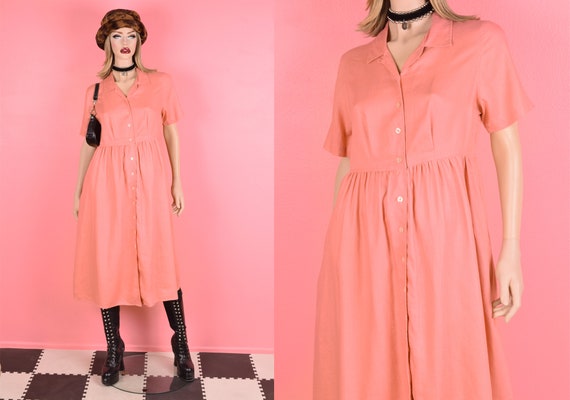 90s Pink Linen Button Down Dress/ Medium/ 1990s - image 1