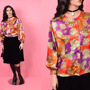 Vintage 90s Scarf Print Blouse/ US 12/ 1990s/ Long Sleeve/ Button Down