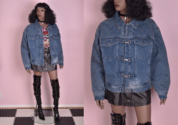 80s Quilted Denim Jacket/ Unisex Medium/ 1980s