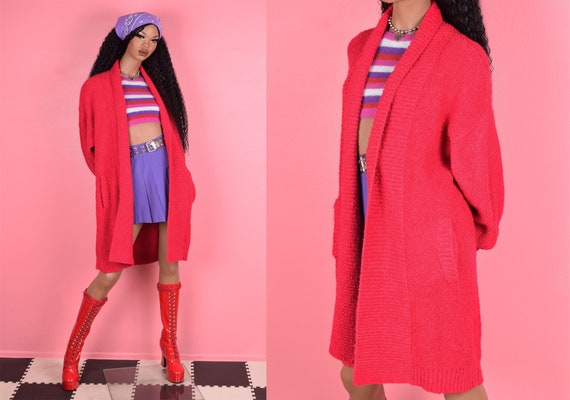 80s Deep Pink Popcorn Knit Cardigan Sweater/ Larg… - image 1
