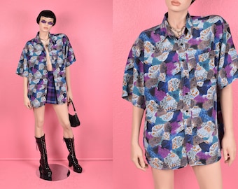 Camisa vintage con estampado abstracto de los 90/ Talla XXL/Abotonada/Manga corta