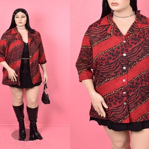 Vintage 90s Multi Pattern Animal Print Blouse/ 1X/ 1990s/ Button Down/ Short Sleeve