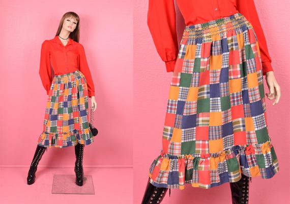 Vintage 70s Plaid Patchwork Pattern Skirt/ Small-… - image 1