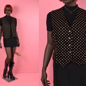 Vintage 80s Gold and Black Velvet Vest/ US 10/ 1980s