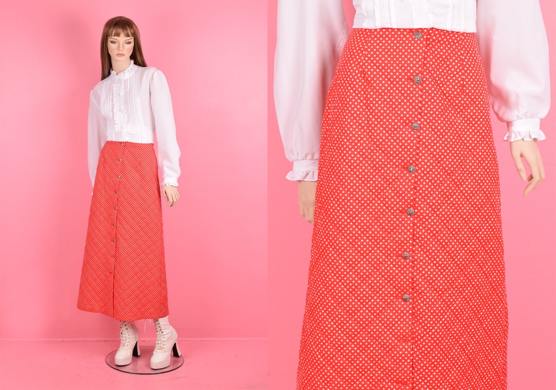60's/70's Red Orange Polka Dot Sleeveless Button Up and Skirt Set Skirt Suit