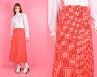 70s Red and White Polka Dot Quilted Skirt/ XS/ 1970s