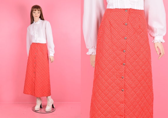 70s Red and White Polka Dot Quilted Skirt/ XS/ 19… - image 1