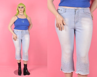 90s Y2K Studded Glitter Denim Capris/ US 16