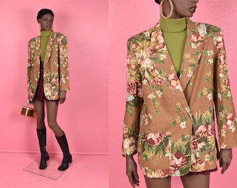 Vintage 80s Floral Print Blazer/ Medium/ 1980s/ Jacket