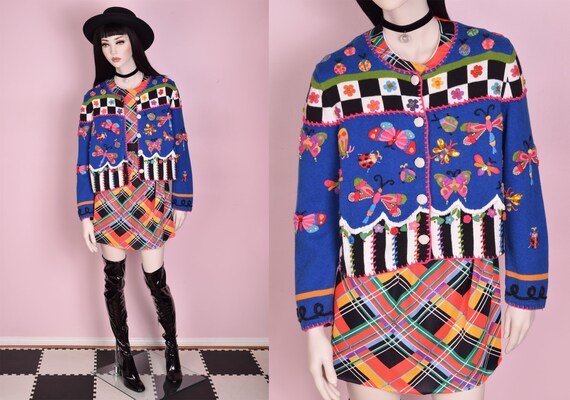90s Insect Embroidered Multi Pattern Cardigan Swea