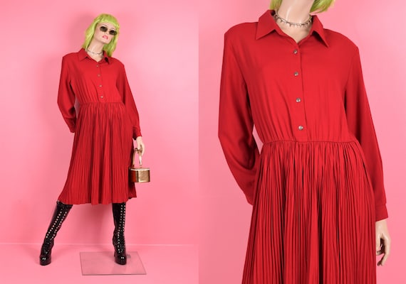 90s Red Long Sleeve Dress/ Large/ 1990s - image 1