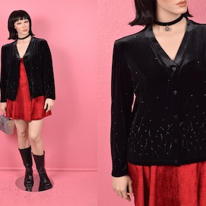 Vintage 00s Glitter Print Black Velvet Cardigan/ Large/ 2000s