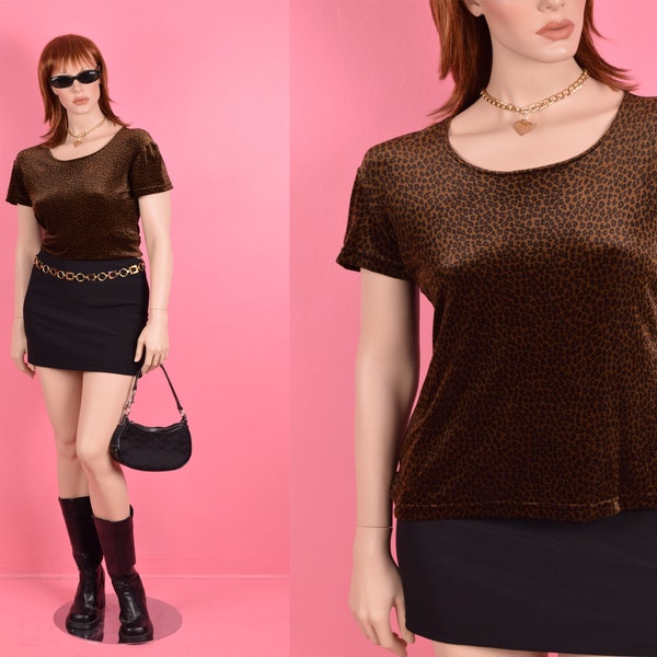 90s Leopard Print Velvet Top/ Large/ 1990s/ Short Sleeve