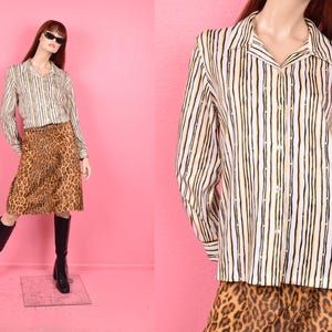 Vintage 70s Yellow, Black, and White Striped Top/ Large/ 1970s/ Long Sleeve