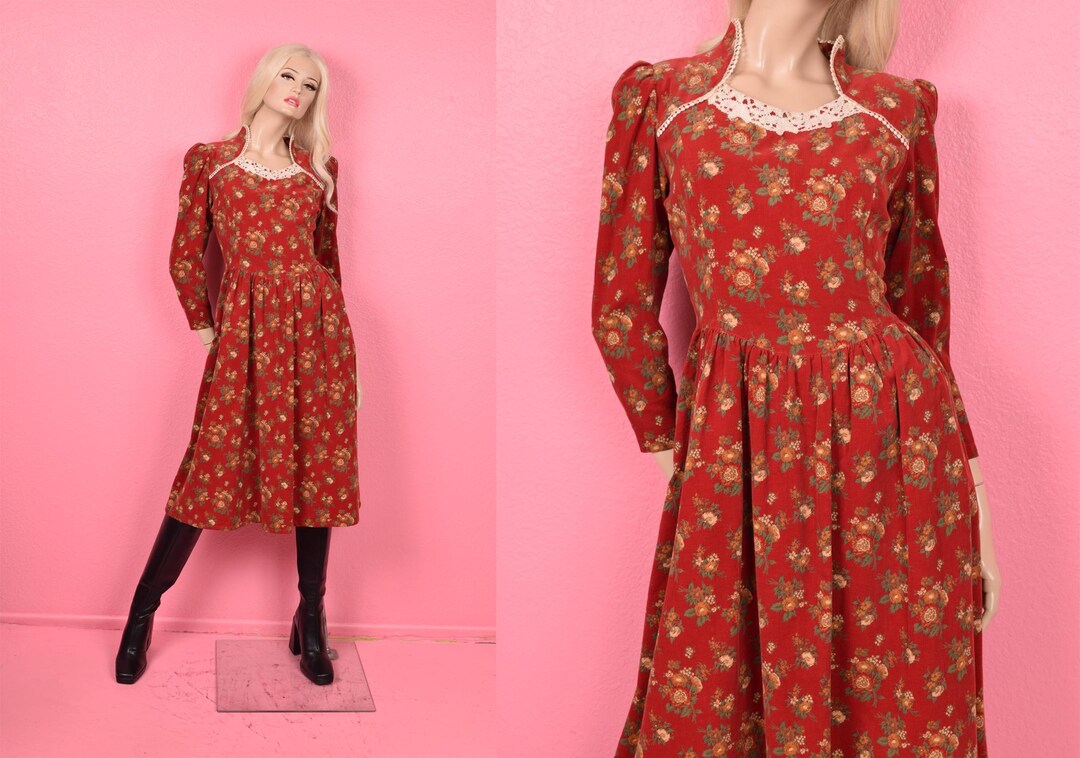 Vintage 80s Floral Print Corduroy Long Sleeve Dress/ Medium/ 1980s - Etsy