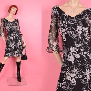 Vintage 90s Sheer Floral Print Dress/ US 8/ 1990s