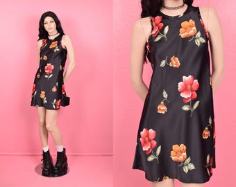 Minivestido vintage con estampado floral de los años 90/Pequeño/Años 90