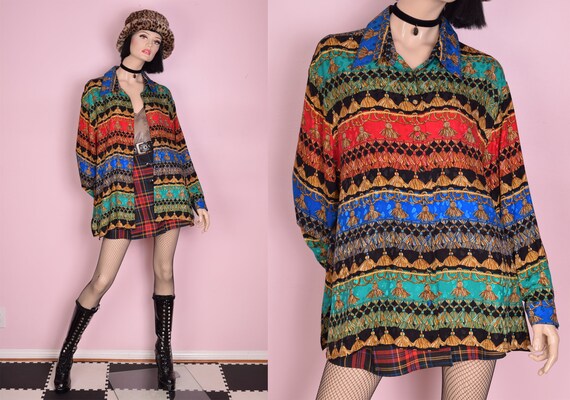 90s Y2K Tassle Print Silk Blouse/ 1X/ Long Sleeve/